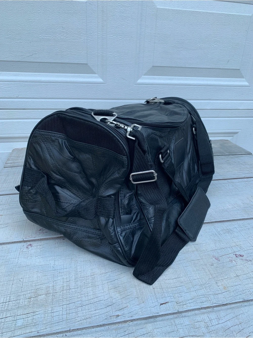Vintage Seville Black Leather Patchwork Weekender Duffle Travel Bag Gym Pockets